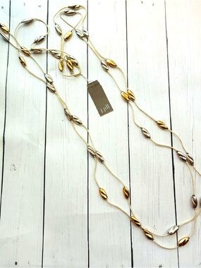 NEW NWT J. Jill Long Two-Tone Gold Silver Beaded Natural Cord Necklace $49 Tag